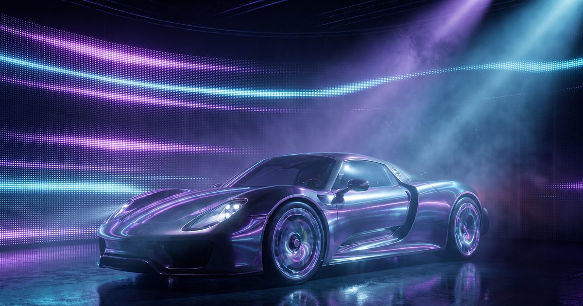 Auto fotorrealista real-time en Unreal Engine con iluminación de estudio y reflejos de softbox