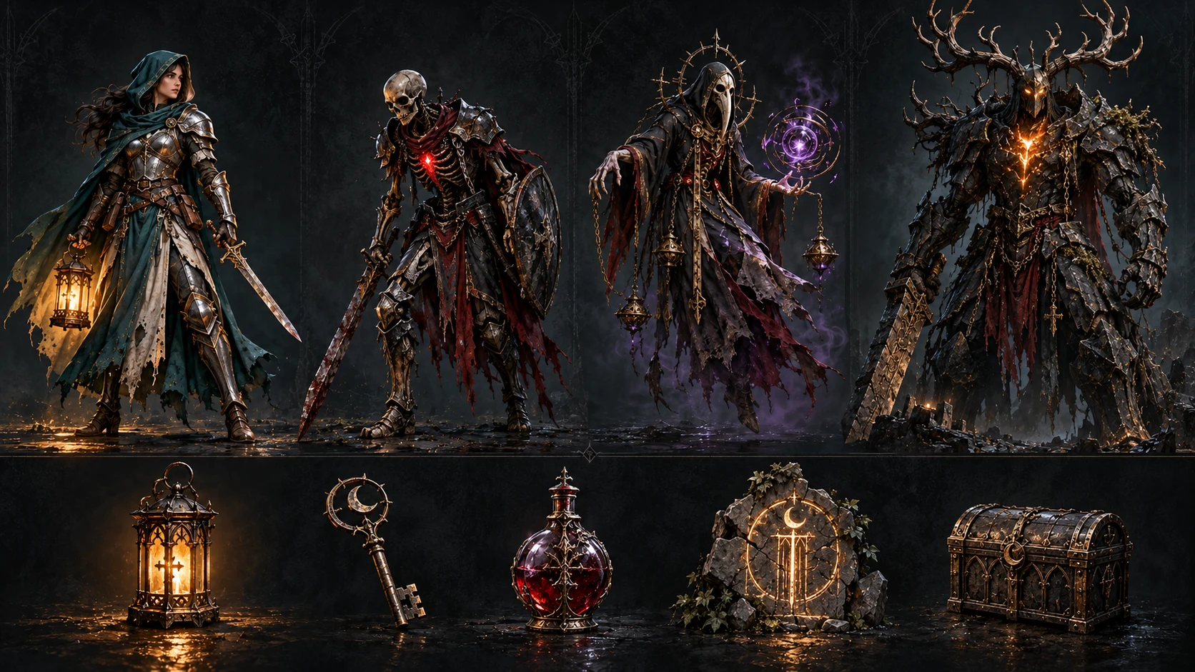 Conceptos de la Guardiana, el Guardián de ceniza, la Vidente, el Centinela y cinco objetos del juego