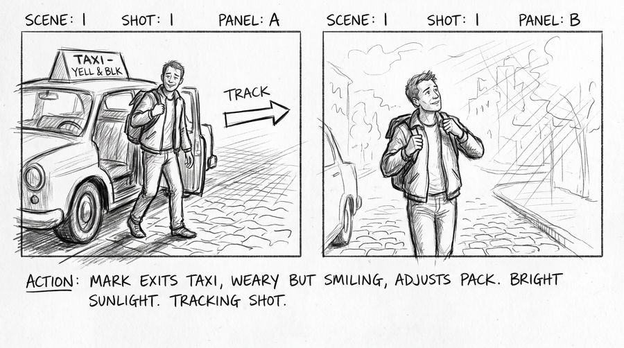 El plano 1 dibujado como storyboard a lápiz en blanco y negro.
