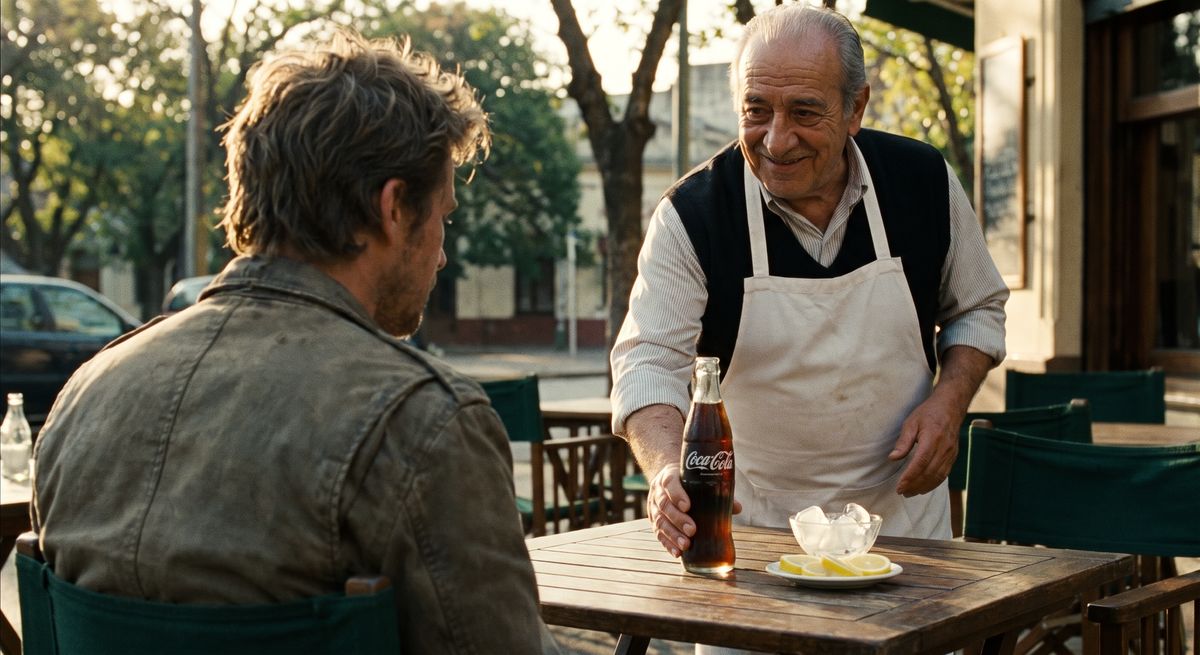 Panel 2 del storyboard. Mark sits at an outdoor wooden table. Don Osvaldo arrives with a welcoming smile, placing a chilled glass bottle of Coca-Cola with ice and lemon before him.