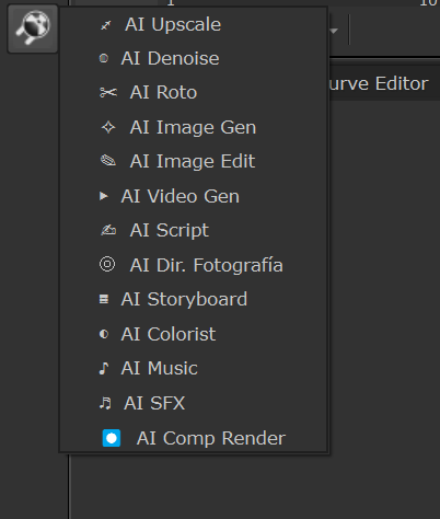 Menú ⚡ AI VFX del Node Graph de Nuke, con los trece nodos listados: AI Upscale, AI Denoise, AI Roto, AI Image Gen, AI Image Edit, AI Video Gen, AI Script, AI Dir. Fotografía, AI Storyboard, AI Colorist, AI Music, AI SFX y AI Comp Render.