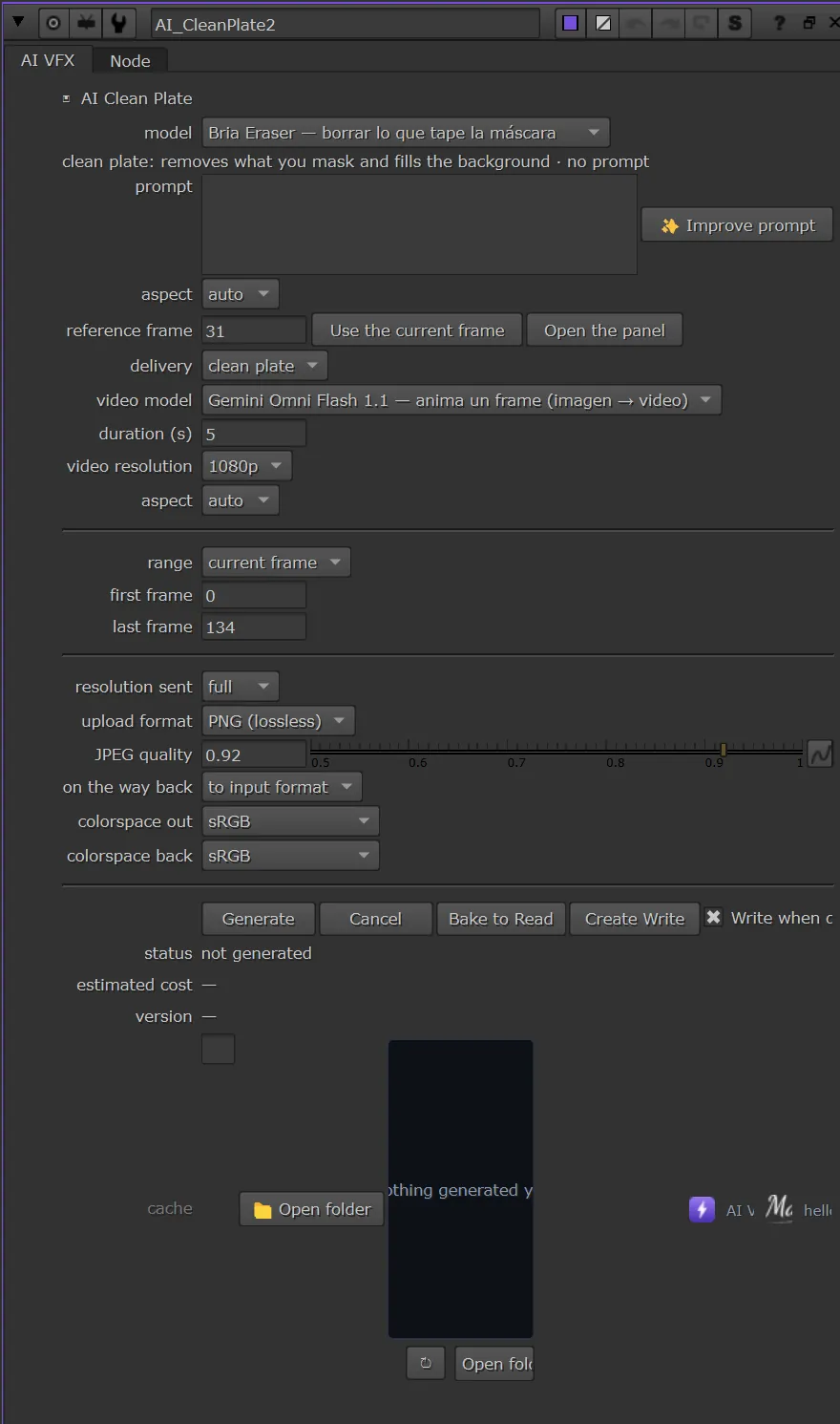 El panel de AI Clean Plate abierto en las Properties de Nuke, con sus knobs y los botones Generate y Cancel.