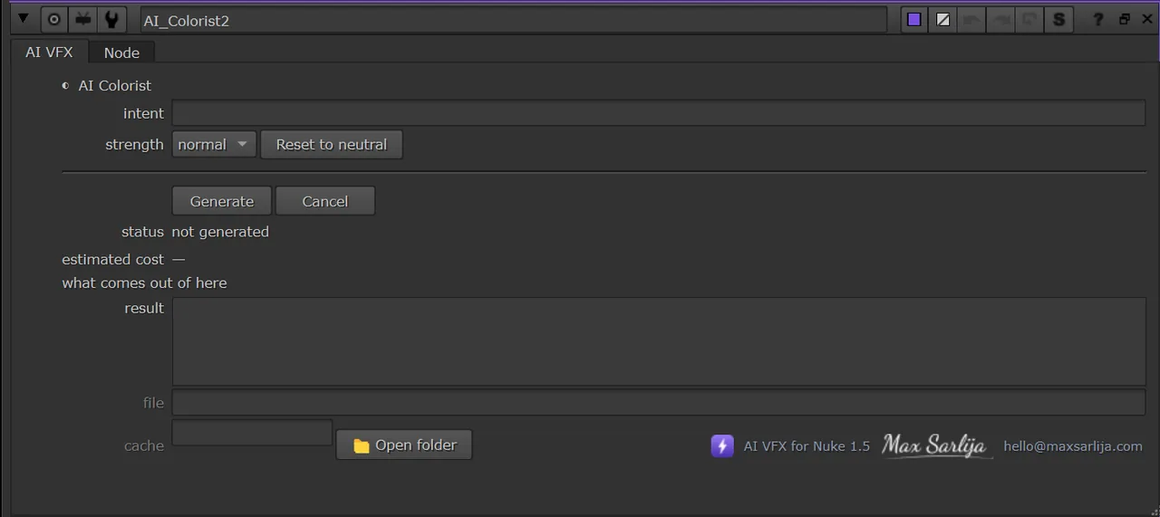 El panel de AI Colorist abierto en las Properties de Nuke, con sus knobs y los botones Generate y Cancel.
