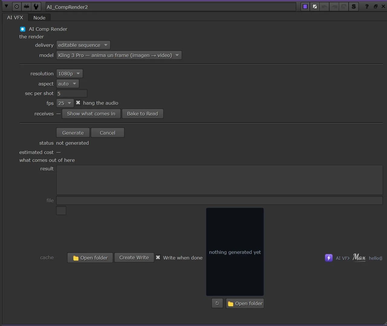 El panel de AI Comp Render abierto en las Properties de Nuke, con sus knobs y los botones Generate y Cancel.