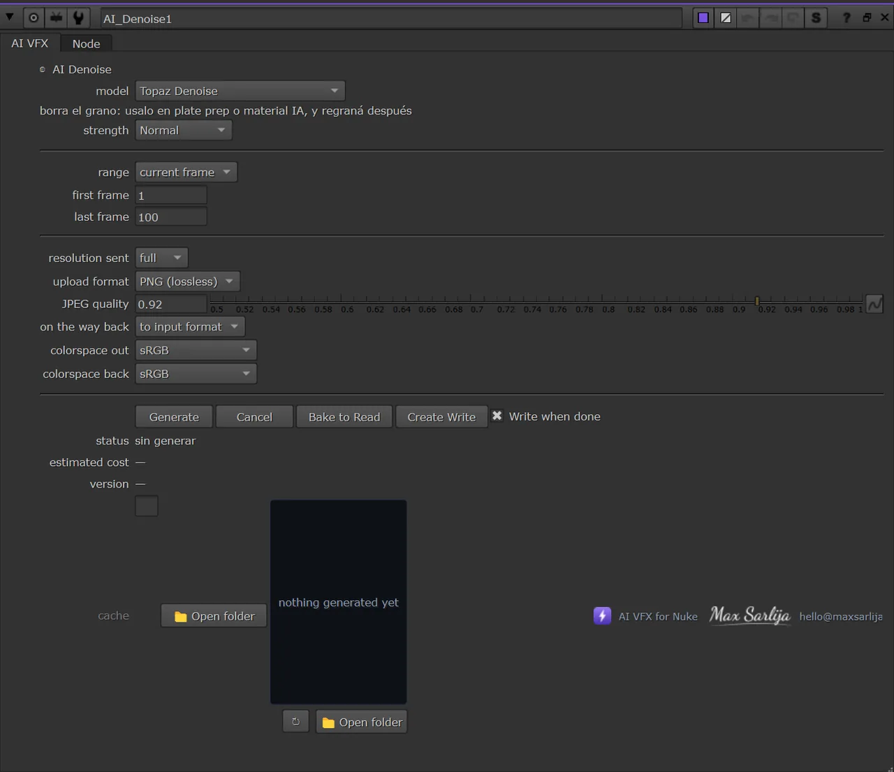 El panel de AI Denoise abierto en las Properties de Nuke, con sus knobs y los botones Generate y Cancel.