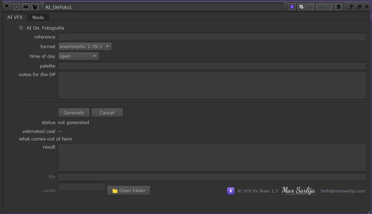 El panel de AI Dir. Fotografía abierto en las Properties de Nuke, con sus knobs y los botones Generate y Cancel.