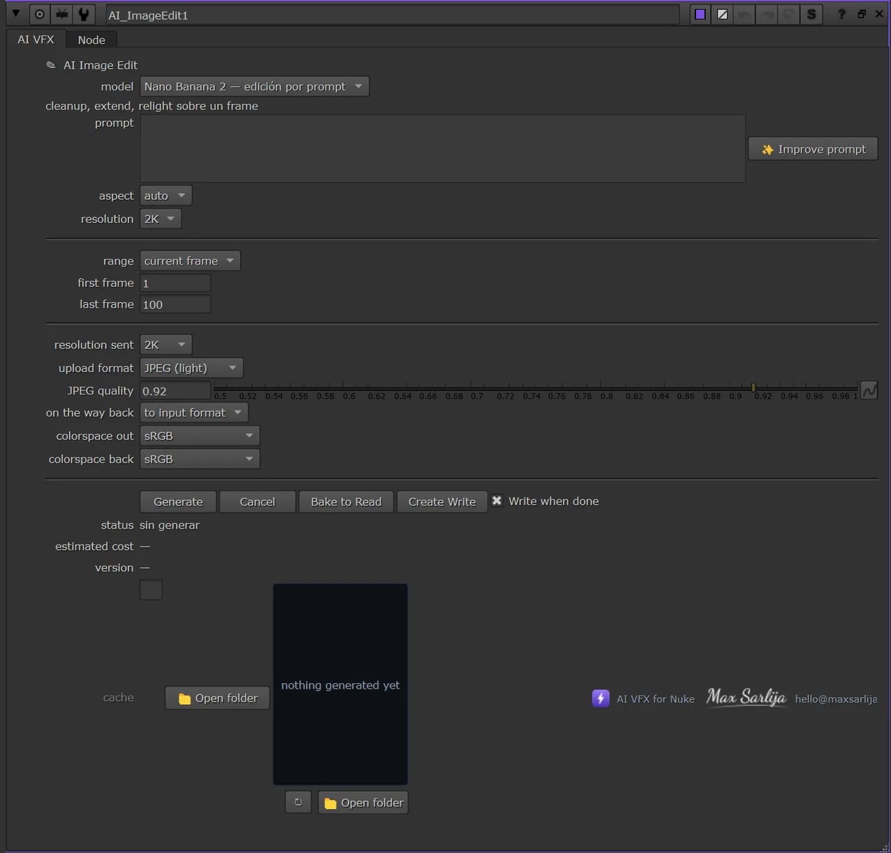 El panel de AI Image Edit abierto en las Properties de Nuke, con sus knobs y los botones Generate y Cancel.