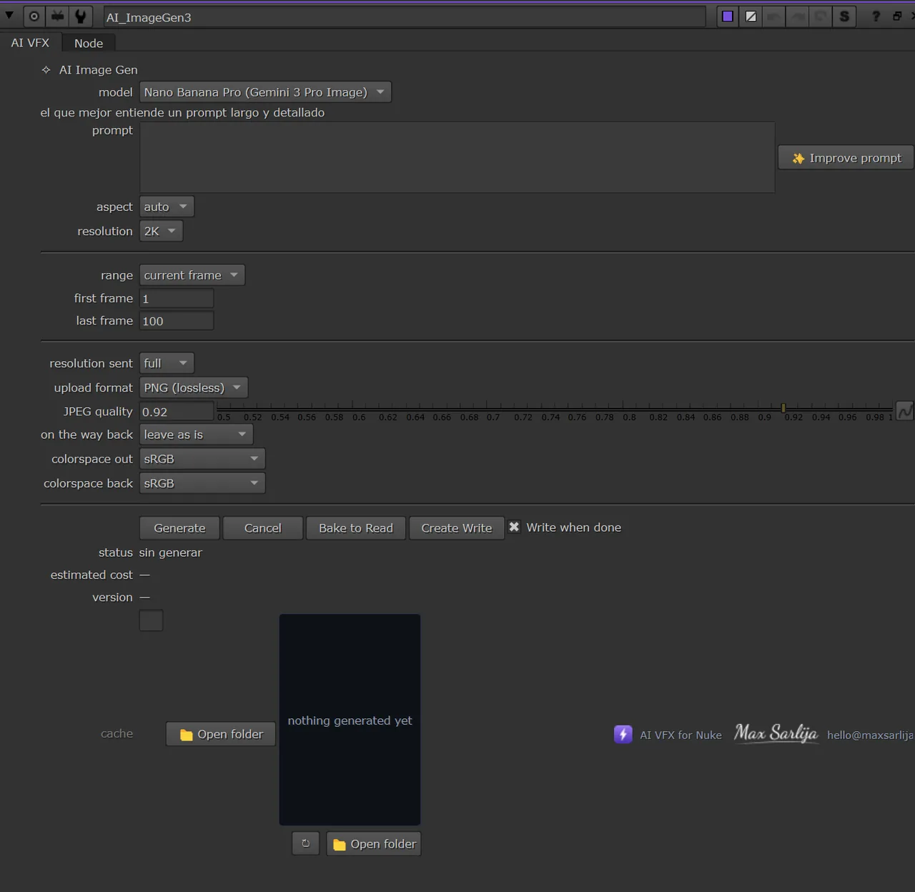 El panel de AI Image Gen abierto en las Properties de Nuke, con sus knobs y los botones Generate y Cancel.