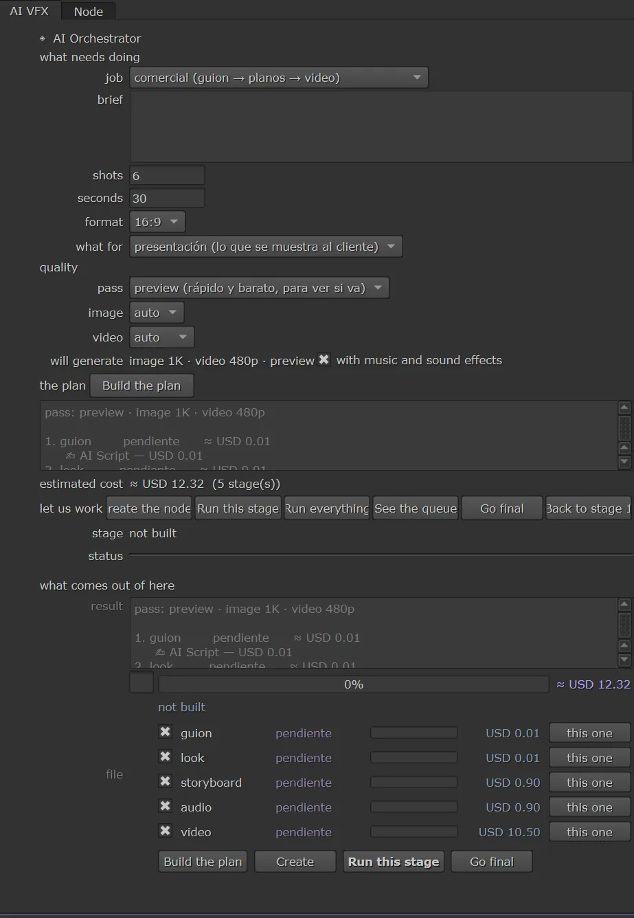 El panel de AI Orchestrator abierto en las Properties de Nuke, con sus knobs y los botones Generate y Cancel.