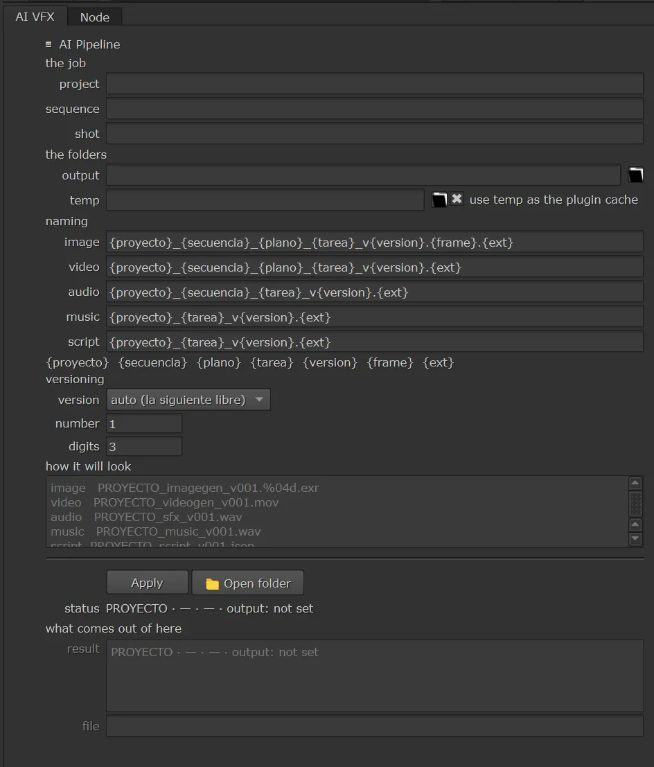 El panel de AI Pipeline abierto en las Properties de Nuke, con sus knobs y los botones Generate y Cancel.