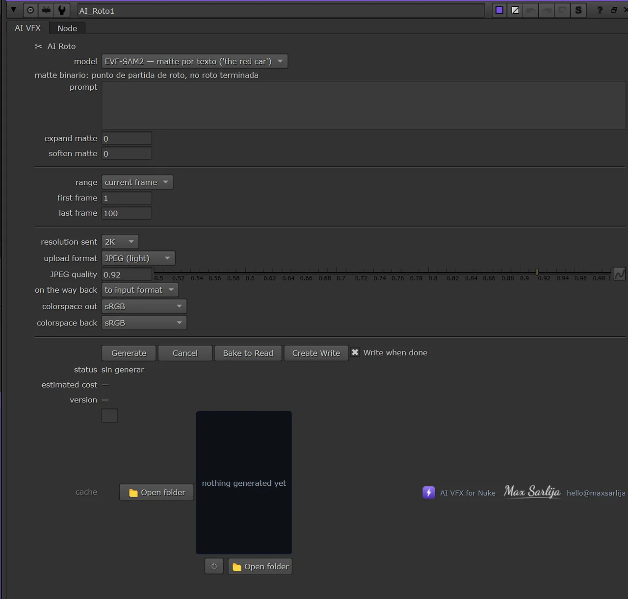 El panel de AI Roto abierto en las Properties de Nuke, con sus knobs y los botones Generate y Cancel.