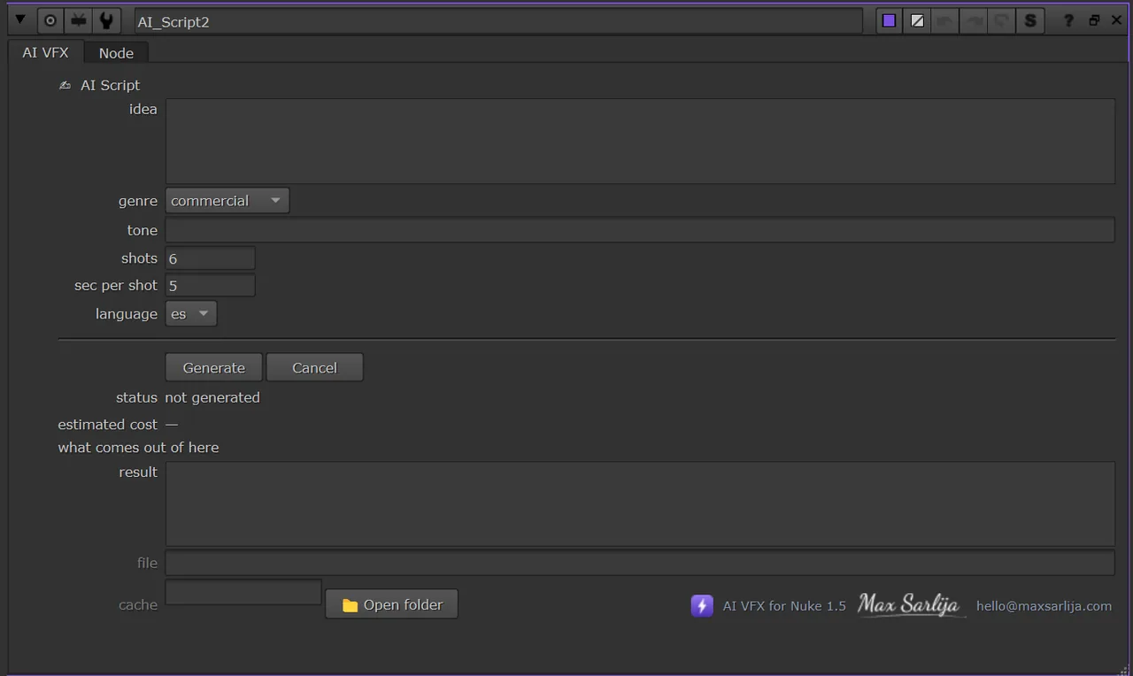 El panel de AI Script abierto en las Properties de Nuke, con sus knobs y los botones Generate y Cancel.