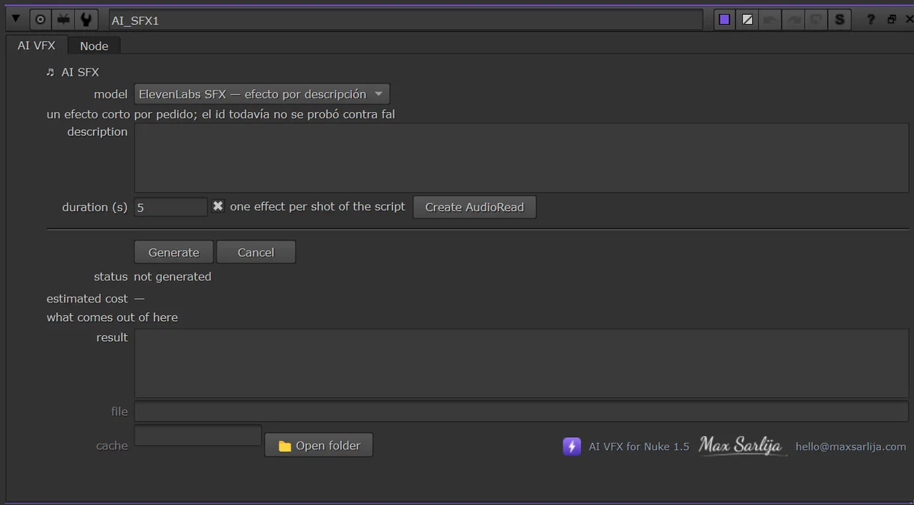 El panel de AI SFX abierto en las Properties de Nuke, con sus knobs y los botones Generate y Cancel.