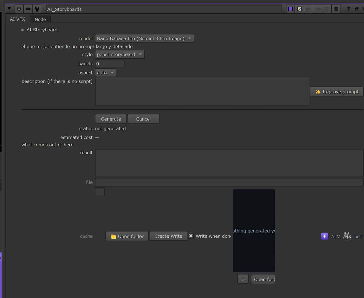 El panel de AI Storyboard abierto en las Properties de Nuke, con sus knobs y los botones Generate y Cancel.