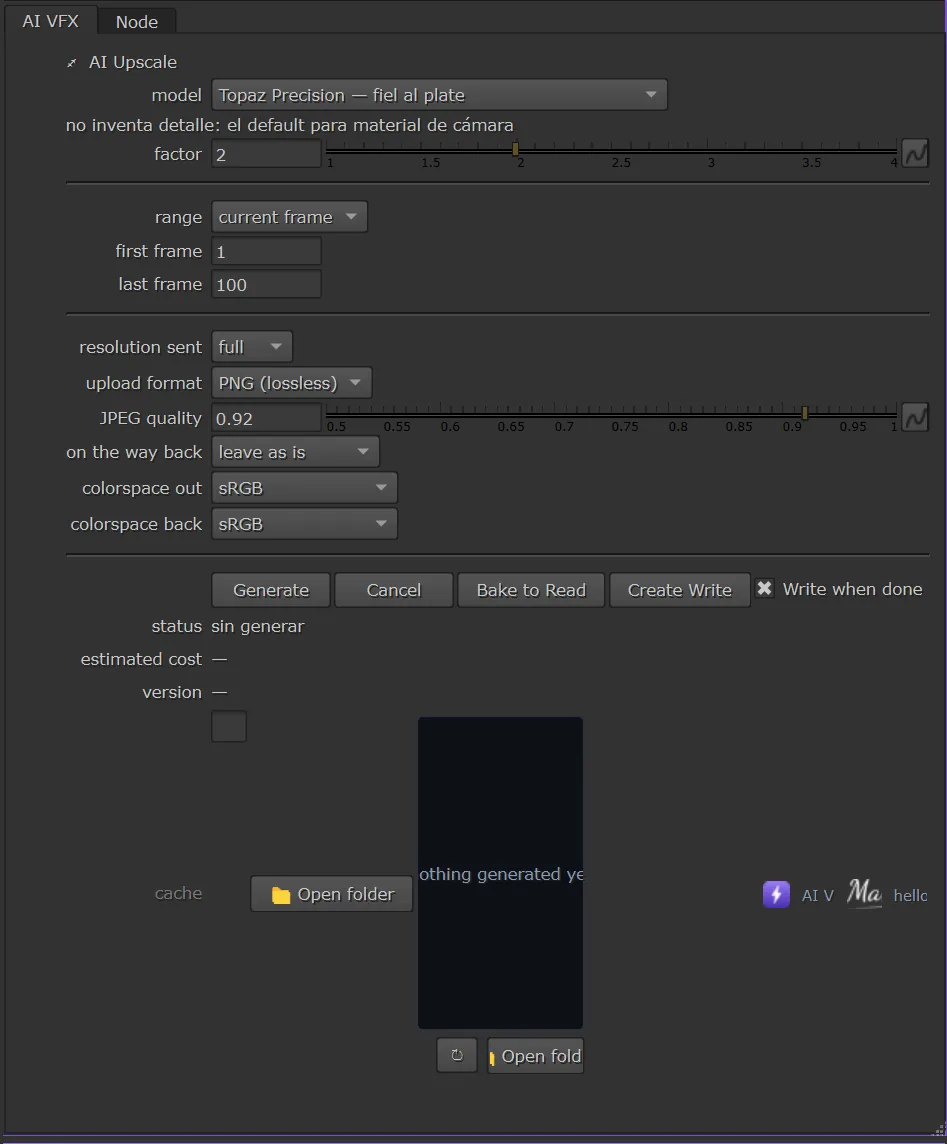El panel de AI Upscale abierto en las Properties de Nuke, con sus knobs y los botones Generate y Cancel.