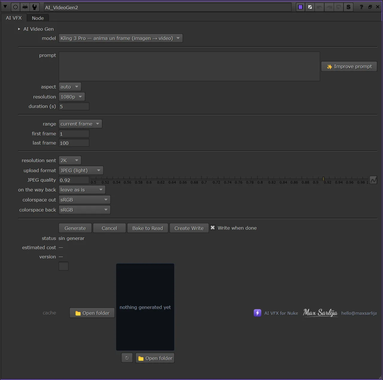 El panel de AI Video Gen abierto en las Properties de Nuke, con sus knobs y los botones Generate y Cancel.