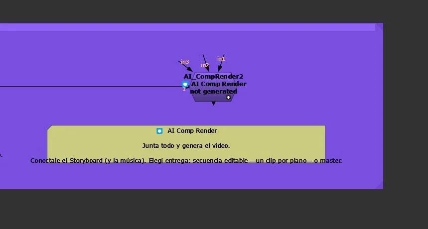 Backdrop violeta «AI Comp Render» en el Node Graph de Nuke, con los nodos de AI VFX y una nota amarilla debajo de cada uno.