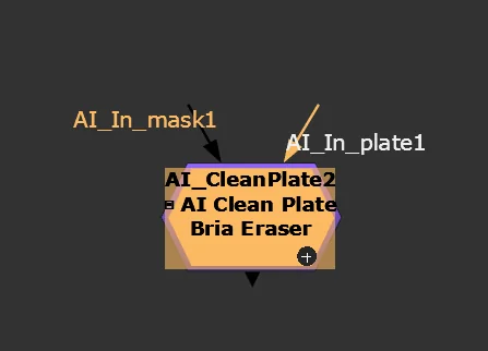 El nodo AI_CleanPlate en el Node Graph de Nuke, con sus dos entradas rotuladas AI_In_plate1 y AI_In_mask1, y el modelo Bria Eraser escrito en el propio nodo.