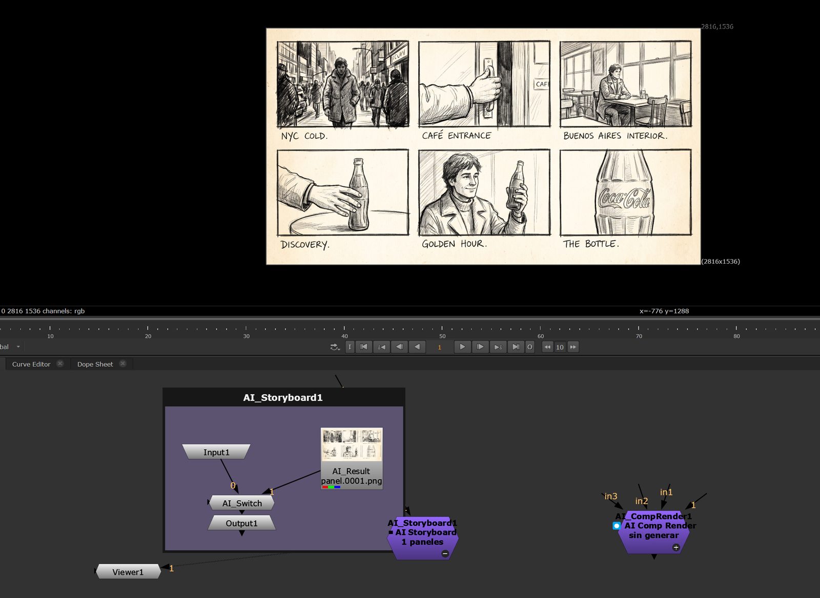 Nuke con un storyboard de seis paneles generado por AI_Storyboard en el Viewer —NYC COLD, CAFÉ ENTRANCE, BUENOS AIRES INTERIOR, DISCOVERY, GOLDEN HOUR, THE BOTTLE— y abajo el Node Graph con el nodo AI_Storyboard1 violeta abierto, mostrando adentro Input1, AI_Switch, Output1 y el Read del resultado, conectado a AI_CompRender1.