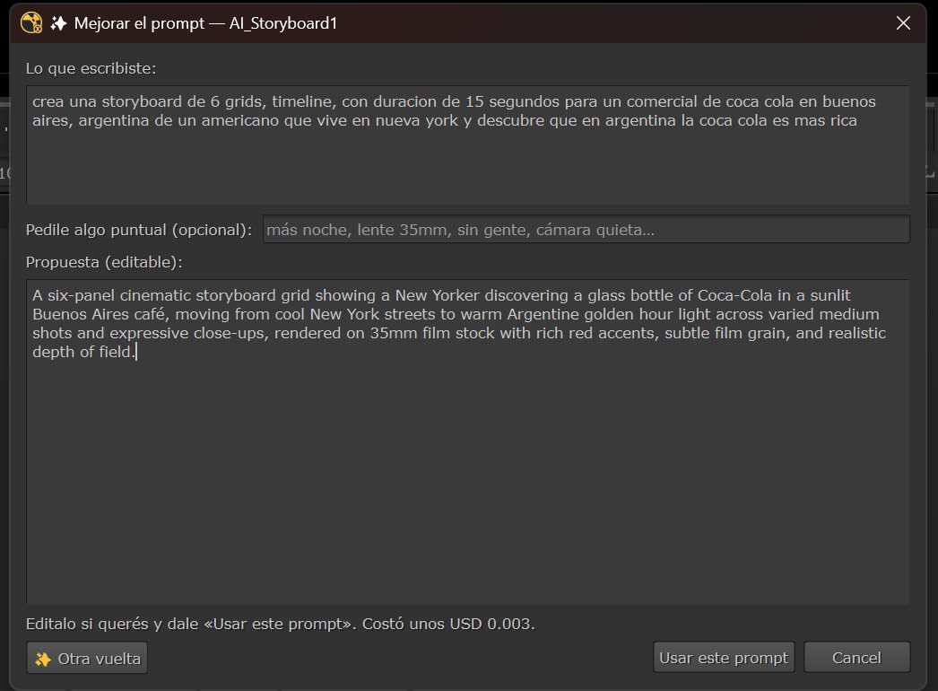 Diálogo «Mejorar el prompt» de AI_Storyboard1: arriba lo que escribió el usuario en castellano, abajo la propuesta reescrita en inglés y editable, y el aviso «Costó unos USD 0.003» junto a los botones «Usar este prompt» y «Cancel».