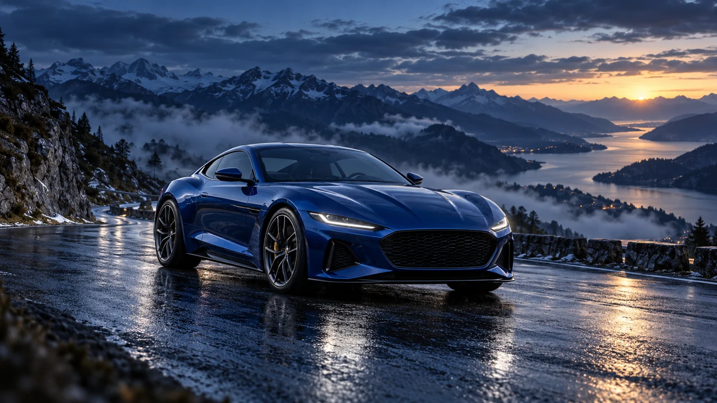 Coupé conceptual azul en una ruta de montaña