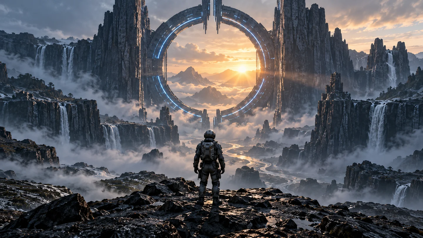 Explorador ficticio ante un portal entre acantilados