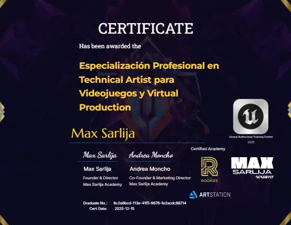 Ejemplo de certificado: Especialización Technical Artist para videojuegos y virtual production (Max Sarlija Academy)