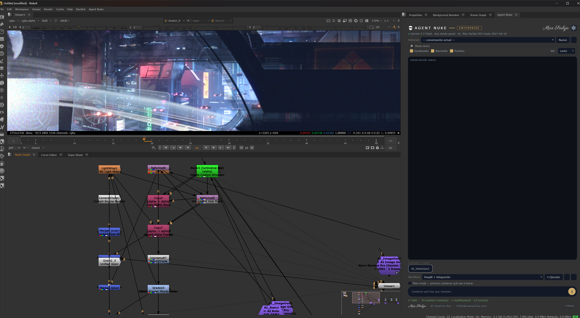 El panel de Agent Nuke acoplado en NukeX, junto al Node Graph con una cadena de key, despill, light wrap y nodos AI VFX en violeta.