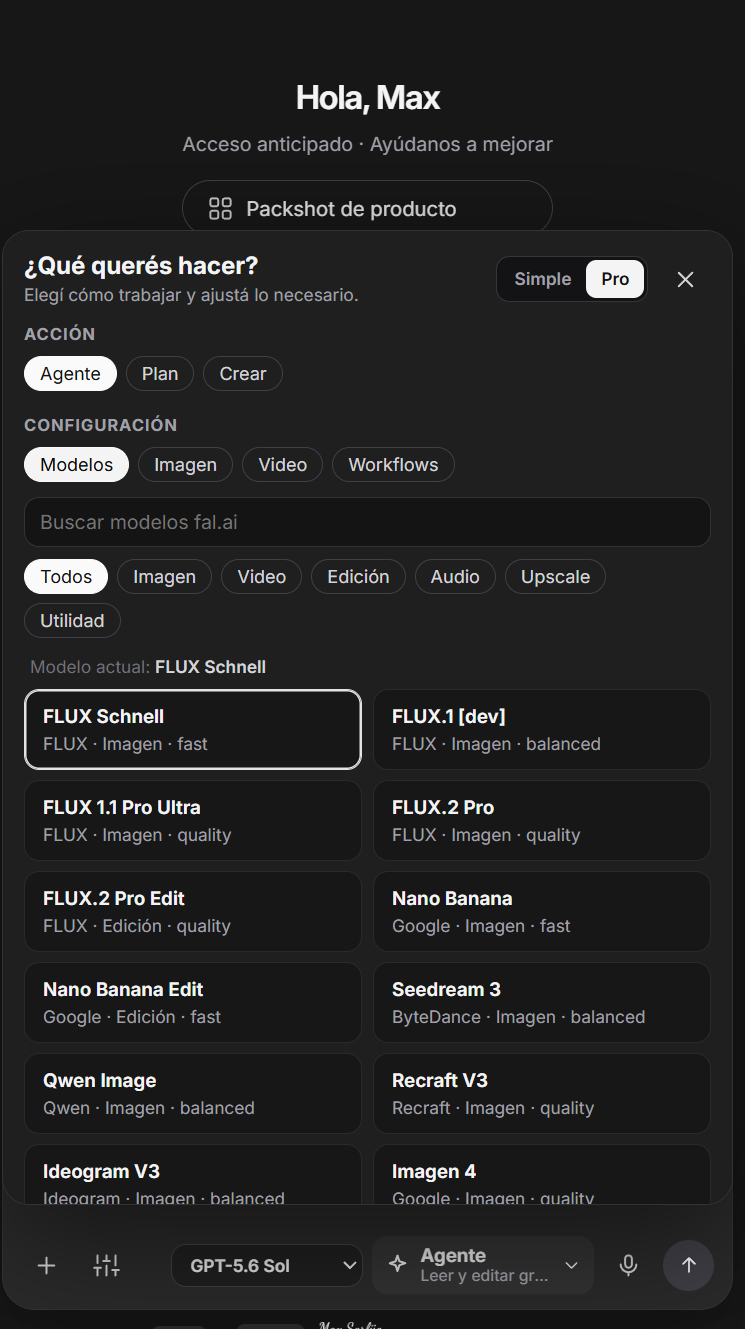 Selector Pro con búsqueda de modelos fal.ai y pestañas Imagen, Video y Workflows