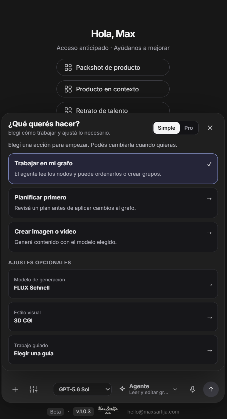 Selector Simple con las acciones Trabajar en mi grafo, Planificar primero y Crear imagen o video