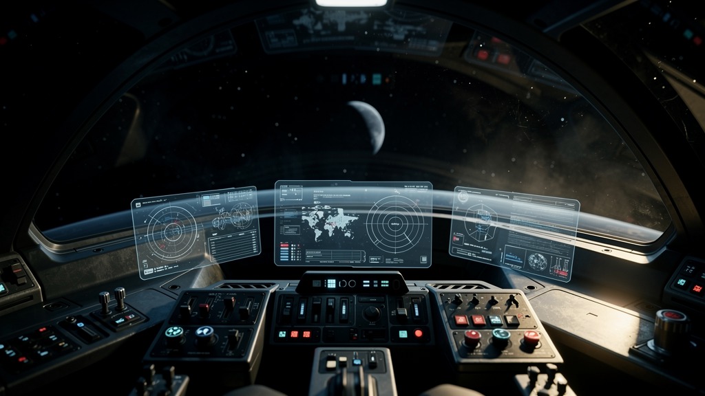 Frame de cockpit de nave con HUD y luna a través del parabrisas.