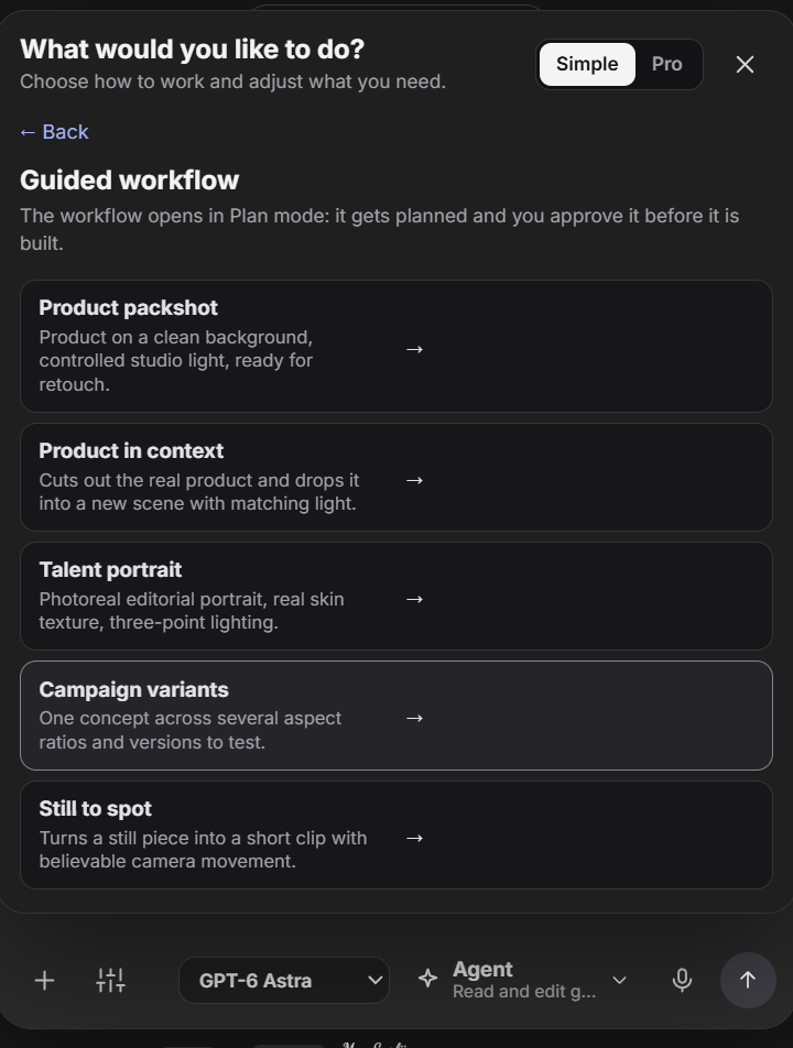 Selector real de cinco workflows guiados en inglés, con aprobación del plan