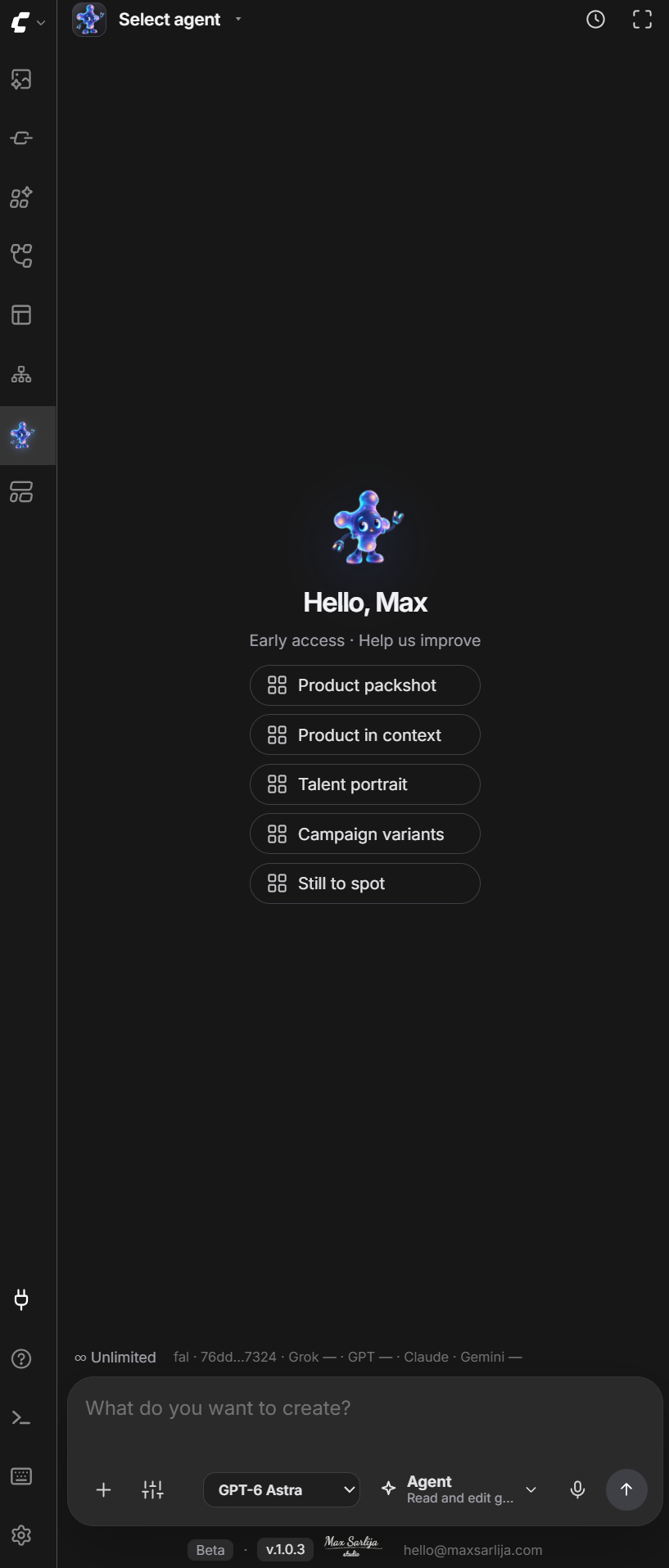 Pantalla inicial real de Graph Operator en inglés, con mascota y cinco workflows sugeridos