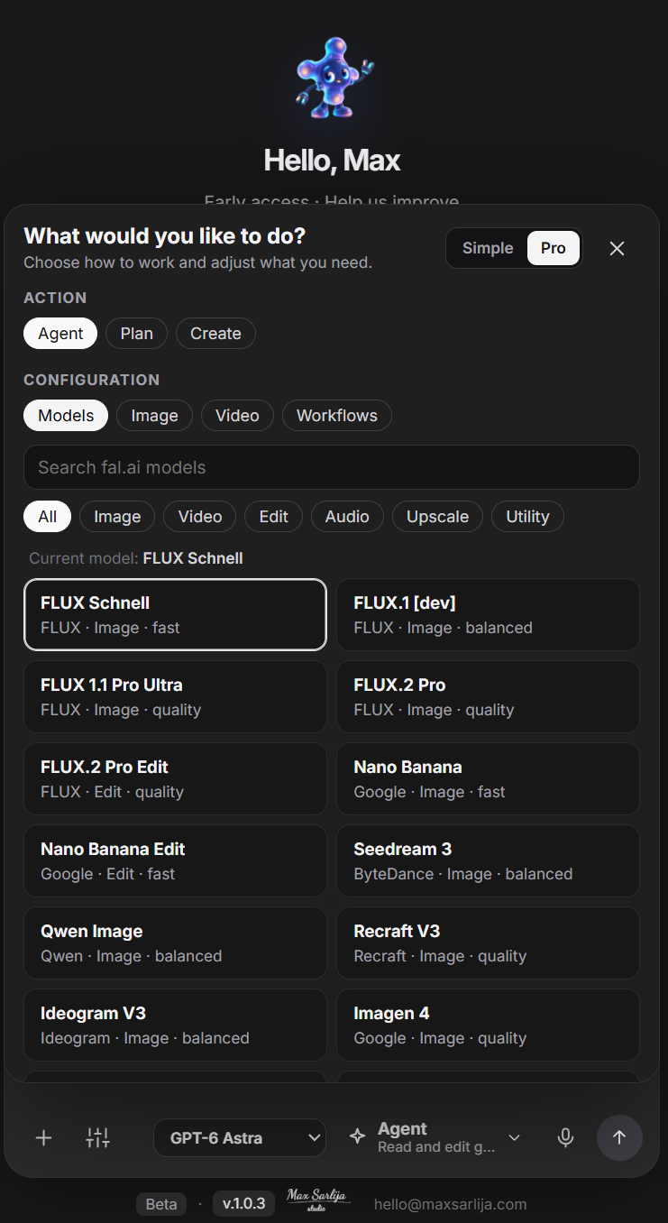 Modo Pro real en inglés con búsqueda de modelos fal.ai y acciones del agente