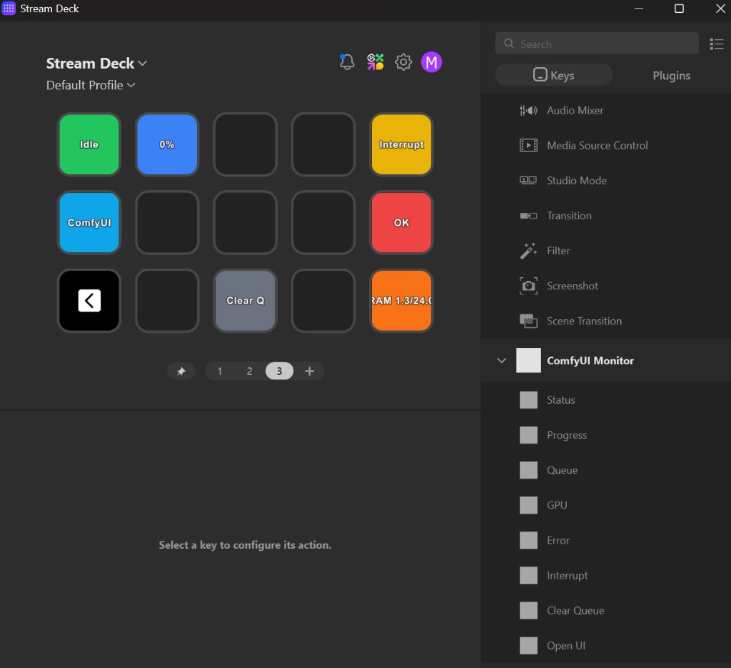 Stream Deck Software mostrando la categoría ComfyUI Monitor y una distribución de teclas configurada